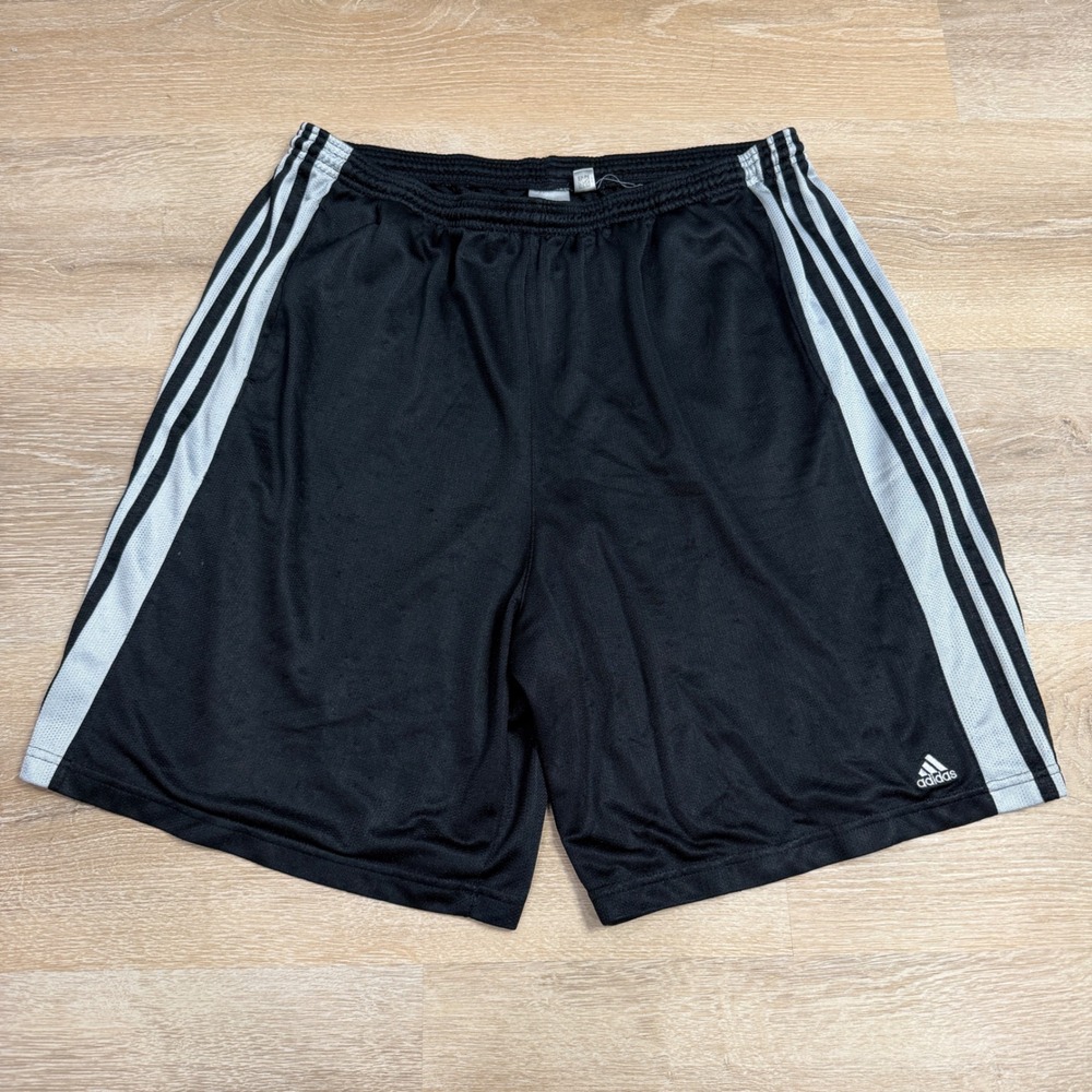 Adidas Mens 2XL Black White 3 Stripe Mesh Athletic Basketball Shorts Y2K